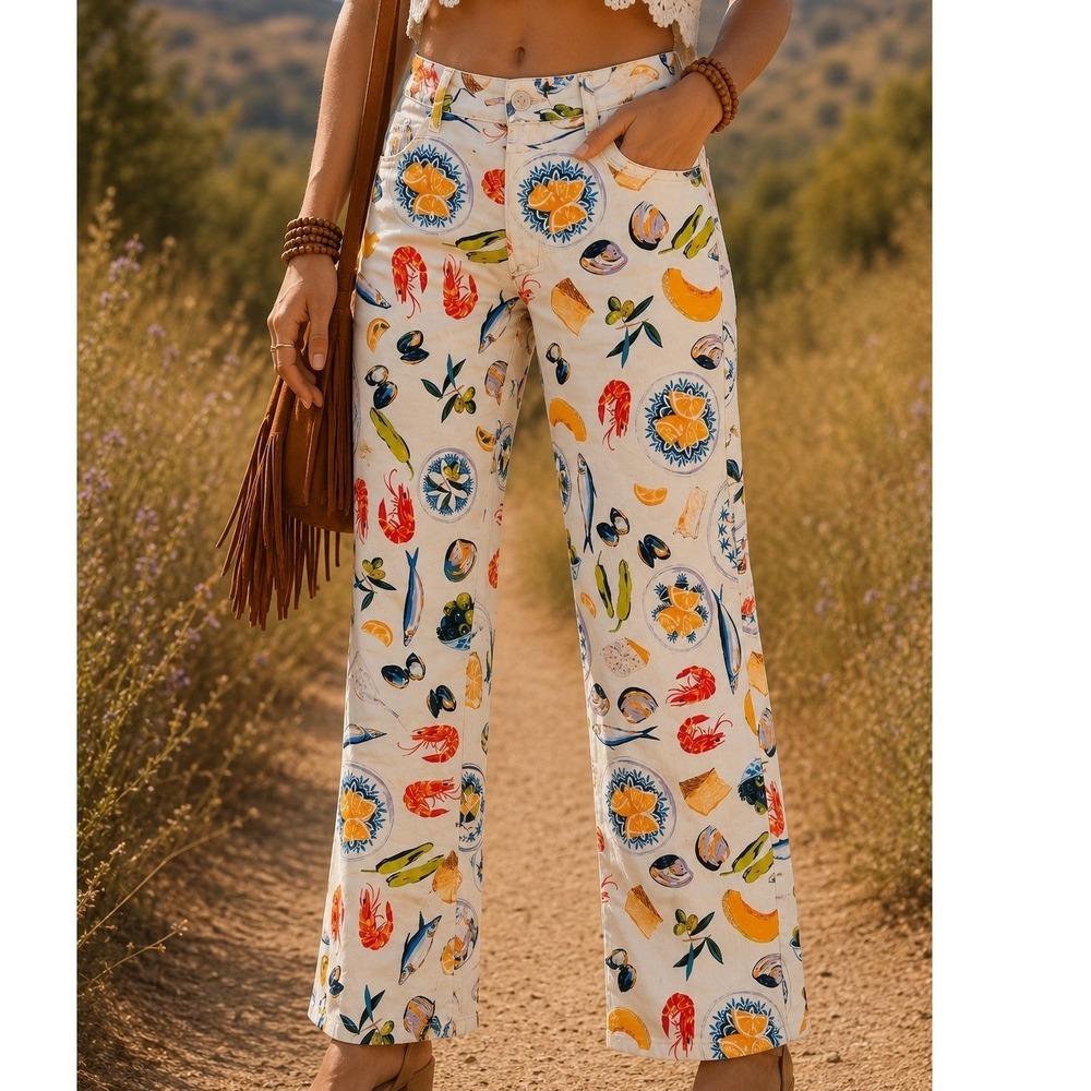 Lisa Says Gah Tapas Print High Waisted Crop Straight Leg Jeans Cream Womens 2